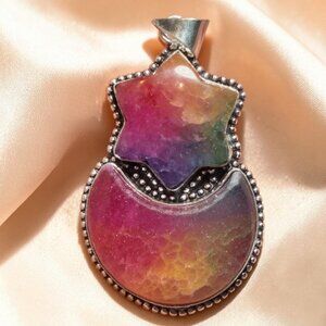 Rainbow Stone Star Moon Pendant Sterling 925 Bale Polishing Flaw 2.5"
